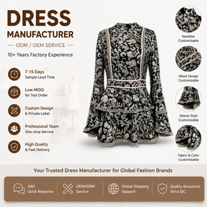 <span class=keywords><strong>Robe</strong></span> mini décontractée pour femme, style streetwear romantique, en mousseline noire avec bordure en dentelle florale <span class=keywords><strong>blanche</strong></span>, col montant, manches cloche <span class=keywords><strong>et</strong></span> volants à deux niveaux - Product Image 1