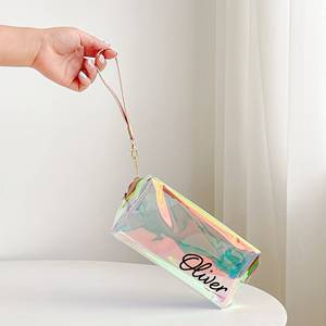 Pochette holographique en PVC avec logo personnalisé sac en plastique transparent transparent et transparent cosmétique de voyage étanche trousse de maquillage avec poignée - Product Image 5