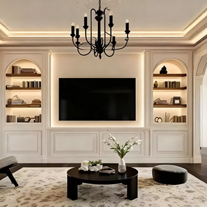 Meuble TV en bois massif avec lumières LED chaudes intégrées et étagère ouverte, crée une ambiance cosy dans le salon, meilleur prix, support TV - Product Image 6