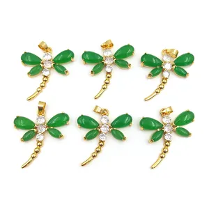 18k Gold Plated Cubic Zirconia Pave Natural Gemstone Charm Pendant Wholesale Green Jade Dragonfly Pendant for Women Necklace DIY