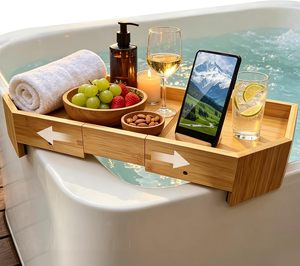 Plateau pour bain à remous en bambou avec longueur extensible et rotation à 360° ° Support de téléphone antidérapant pour table latérale de spa, porte-boissons pour collations et essentiels - Product Image 1