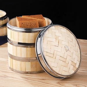 Bambu pişirme sepeti biyobozunur çin Dim Sum hamur buhar sepeti W kapak paslanmaz çelik jant el yapımı bambu vapur seti - Product Image 2