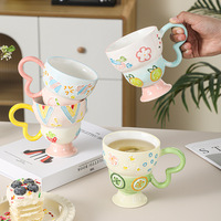 Mug de voyage créatif en céramique grande capacité, tasse à petit-déjeuner, motif relief peint à la main, style américain, simple, mignon, motif dessin animé, tasse à eau