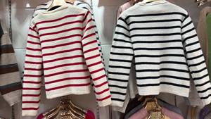 <span class=keywords><strong>Cardigan</strong></span> Autunnale da Donna Lavorato a Maglia a Righe a Contrasto con Bottoni Dorati, Scollo Rotondo, Stile Francese Corto e Ampio - Product Image 5