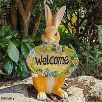 Figur Resin Kelinci Buatan Tangan Ramah Lingkungan dengan Tanda Bunga Selamat Datang untuk Dekorasi Taman Luar Ruangan - Tema Hari April Mop