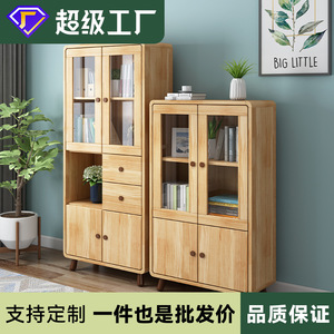 Hang Qian Nordic <b>Solid</b> <b>Wood</b> <b>Bookcase</b> 30cm Shelf With Glass Doors Storage Cabinet For Home Bedroom Student Use - Product Image 3