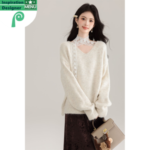 Maglione di Alta Qualità 2025, Elegante Scollo a V in <span class=keywords><strong>Pizzo</strong></span>, Lavorazione in Lana di Alta Qualità, Bianco - Product Image 3