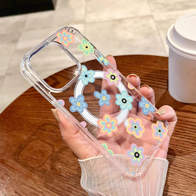 Colorful Cartoon-Style Multicolor Flower Illustration Transparent Thickened Shockproof Hard Case with Magnetic Ring Supports W