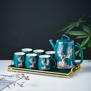 Ensemble de tasses à thé et à café en céramique de luxe nordique, marbre vert foncé - Product Image 3