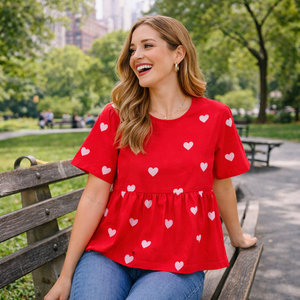 Chemisier décontracté et élégant pour femme en mélange lin-coton, personnalisé, avec fermeture boutonnée à découpe dorsale, imprimé cœurs roses, taille froncée et ourlet évasé - Product Image 3