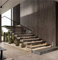 Escalier flottant sur mesure en métal robuste avec poutre dissimulée, pour villa de luxe, en bois/marbre