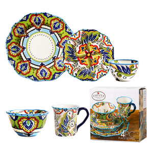 Juego de Vajilla de Cerámica Estilo <span class=keywords><strong>Talavera</strong></span> Español de 4 Piezas, Diseño Floral Bohemio Pintado a Mano, Vajilla de Estilo Español de 4 Piezas - Product Image 2
