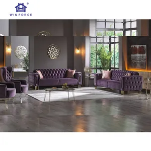 Winforce豪华客厅家具室内装潢优雅紫色天鹅绒面料1 2 3座组合沙发套装