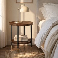 Table de chevet moderne à 2 niveaux avec cadre en métal noir personnalisable, table basse durable en MDF, étagère de rangement, panneau en bois pour salon
