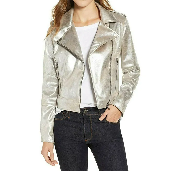 Veste en cuir véritable métallisé argenté pour femmes motard moto véritable manteau court décontracté veste de mode extérieure