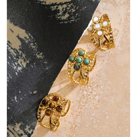 Bague JINYOU 8258 rétro en acier inoxydable plaqué or PVD, avec pierre naturelle turquoise ronde, multi-couches