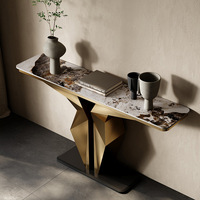 Table d'entrée murale moderne et minimaliste en acier inoxydable, style luxe léger, avec plateau en marbre ou dalle de roche, pour salon et petit appartement