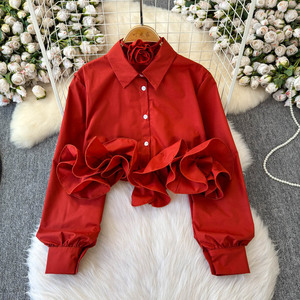 Camisa con Decoración de Volantes 3D, Nueva Blusa Corta Ajustada para Mujer, a la Moda - Product Image 4