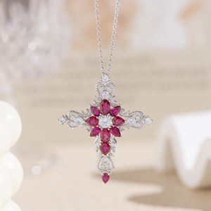 Collar con Colgante de Rubí de Corindón de Laboratorio Esmaltado, Joyería Fina de Plata de Ley, con Baño de Rodio, Estilo Vintage para Fiestas - Product Image 4