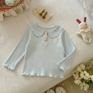 Cute Baby Girls Long Sleeve T-Shirt Spring Autumn Breathable Ribbed Collar Top With Rabbit Applique Casual Base Layer - Product Image 2