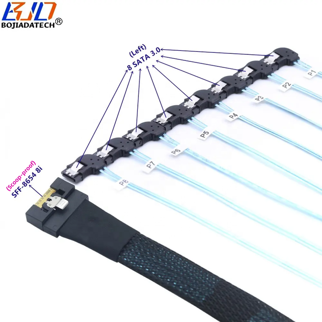 PCI-E 4.0 Slimline SFF-8654 8i 74Pin to 8 * Left Angle SATA 3.0 7Pin Connector Hard Disk Drive Splitter Data Cable 50CM 100CM