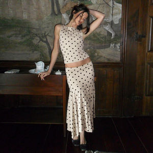 INS Street Style Polka Dot Sleeveless Tank Top & <b>Mermaid</b> Skirt Set for Women | French Chic Casual Two Piece <b>Outfit</b> - Product Image 1