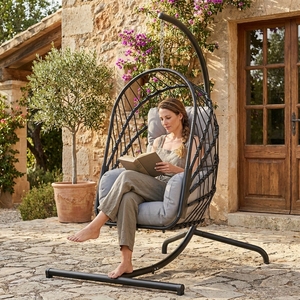 Fauteuil suspendu pliable d'extérieur avec support, en rotin PE <span class=keywords><strong>blanc</strong></span>, <span class=keywords><strong>chaise</strong></span> balançoire de luxe pour patio, mobilier de salon toutes saisons pour hôtel - Product Image 3