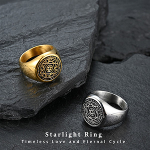 Anel de Sinete Masculino em Aço Inoxidável com Estrela Gravada Vintage, Joia Amuleto Dourada e Prateada para Casamento - Product Image 1