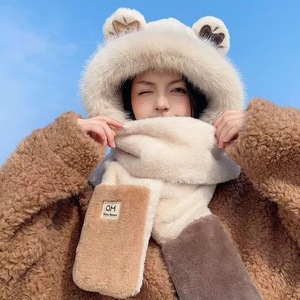 Bonnet en fourrure de lapin Imitation d'hiver pour femmes chapeau gants écharpe ensemble épais chaud équipement d'équitation en plein air avec motif brodé Long - Product Image 1