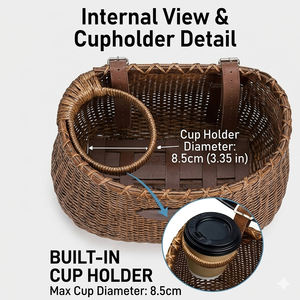 Panier de vélo en rotin fait main avec porte-gobelet - Porte-bagages avant amovible pour guidon avec sangles en cuir réglables - Product Image 2