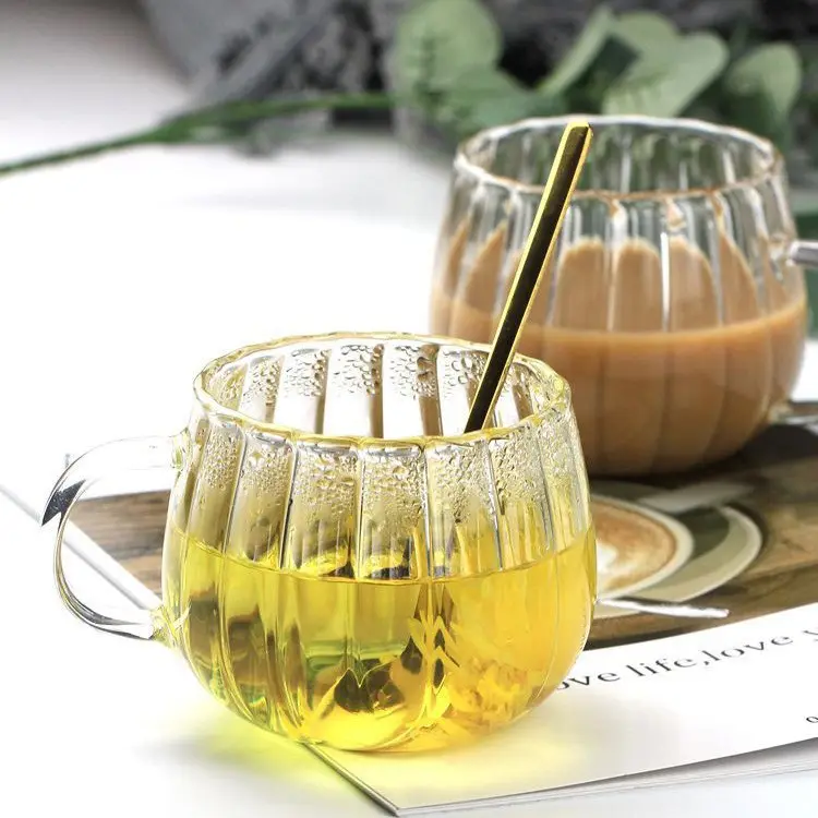 Striped Glass Household Thickened Pumpkin Shaped Mug High Borosilicate Glass Mug Handle Drinking Coffee Breakfast Milk Cup