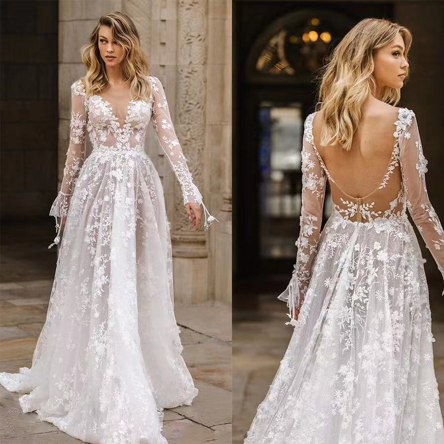 2021 New Summer Women Maxi Party Dress Long Sleeve Floor Length Embroidery White Lace Sexy Backless Tulle Long Dress Wedding