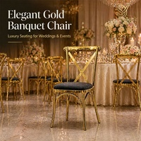 Chaises de salle à manger style ferme française en fer doré avec dossier croisé et assise rembourrée noire – Chaises élégantes pour banquets de mariage et location événementielle