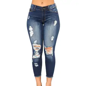 2022 Private Label Turkish Womens Ripped Skinny Jeans Female Blue Butt Lift High Waist Tattered Jeans