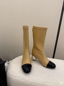 Top Quality Luxury Designer Women's Chic Mid-Calf Leather Boots Breathable Zip Back Design Contrast Toe Heel Black/Beige/White - Product Image 1