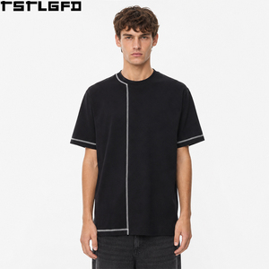 เสื้อยืดคัตเซว ซิกแซก คอนทราสต์สติทช์ สีดำ คอกลม สตรีทแวร์ Y2K ลำลอง ขายส่ง โรงงาน ผลิตจำนวนมาก ผ้าฝ้าย 100% เป็นมิตรกับสิ่งแวดล้อม - Product Image 1