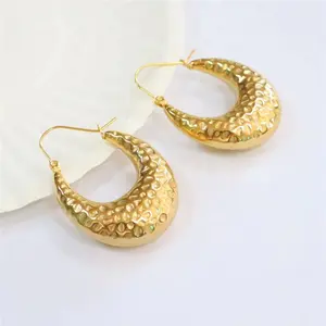 MICCI Wholesale Custom 18K Gold Plated Stainless Steel Non Tarnish Free Waterproof Jewelry Hollow Hammered Stud Hoop Earrings