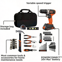 Kit d'outils professionnel 20V MAX perceuse-visseuse 25 pièces avec batterie et chargeur, en acier au chrome-vanadium, boîte en plastique