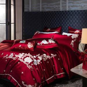 Parure de <span class=keywords><strong>lit</strong></span> haut de gamme en coton 140S brodé motif végétal 300 fils/cm², drap-<span class=keywords><strong>housse</strong></span> King Size rouge, linge de maison, taie d'oreiller - Product Image 3