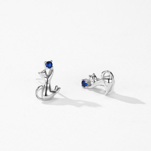Boucles d'oreilles personnalisables en cuivre, série animale, en argent sterling S925, zircon bleu royal taille ronde, motif chaton mignon pour femme - Product Image 3