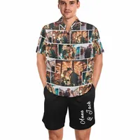 남성 슬림 셔츠 하프 슬리브 대형 캐주얼 여름 사용자 정의 사진 및 이름 달콤한 연인 하와이 세트 Camisa 남성 판매
