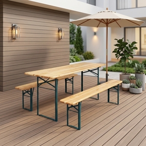 Table de pique-nique et banc pliants en bois massif, style moderne, pour extérieur, avec pieds pliants et finition grain de bois, idéale pour jardin et terrasse. - Product Image 1