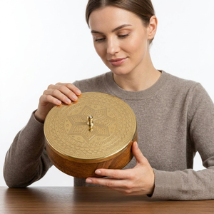 Caja de Madera con Tapa de Latón, Diseño de Mandala Tallado, Estilo Antiguo, Contenedor Decorativo - Product Image 1