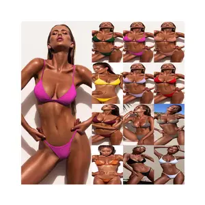 Hot Sale Multi Color High Elastic Sexy Push Up Backless Bra And Mini G-string Women Two Piece Bikini Swimwear Set