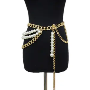 新款上市多层金色厚链珍珠流苏腰带，适合女性，可调节至41英寸