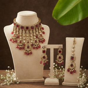 Traditional Imitation Antique Gold Style Kundan Choker Necklace <b>Set</b> with Emerald Cut Gemstones Earrings Tikka for Women Wedding - Product Image 1