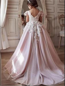 Principessa a maniche corte soffice Tulle bianco lungo abito da ragazza fiore carino matrimonio piccoli abiti da ballo comunione per bambini - Product Image 4