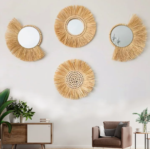 Miroir en raphia tissé à la main de Bohème moderne Tenture murale <span class=keywords><strong>Art</strong></span> créatif Design avec motif rond pour la décoration de la maison - Product Image 1
