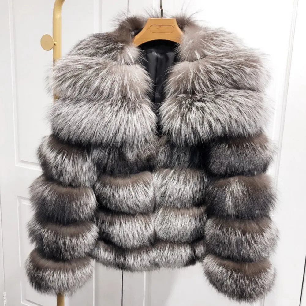 Custom Wholesale Winter Natural Fur Coat Fur Jacket Women Medium-Length Luxury Lady Long Sleeve Real silver Fox Fur Coat