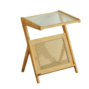 Bamboo Coffee <b>Table</b> With Storage Natural <b>Brown</b> Tempered Glass Top Bedroom Living Room Outdoor Use - Product Image 3